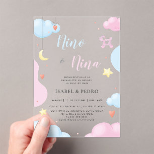 Watercolor Clouds & Stars Spanish Gender Reveal Acrylic Invitations