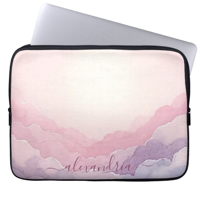 Watercolor Cloudscape Pink Sky With Name Laptop Sleeve (Front)