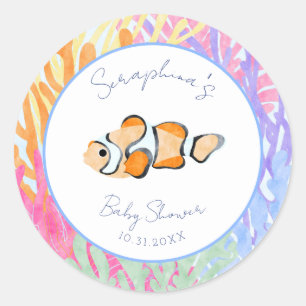 Watercolor Clown Fish Coral Baby Shower Classic Round Sticker
