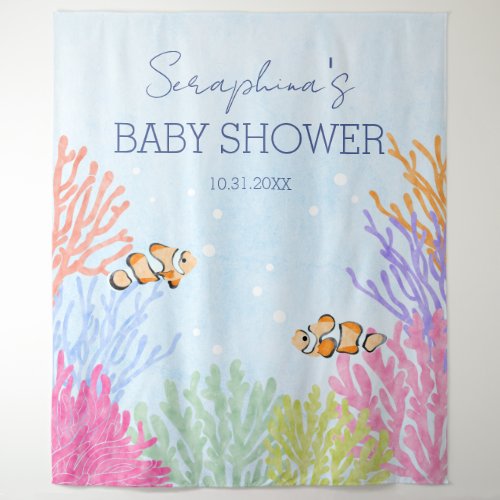 Watercolor Clown Fish Coral Reef Baby Shower Tapestry