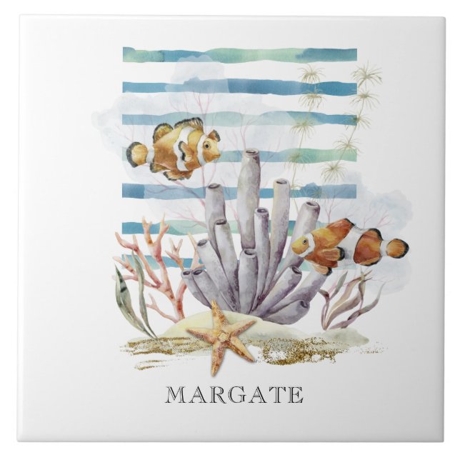 Watercolor CLOWN FISH Design,  Beach MARGATE  Ceramic Tile (Front)