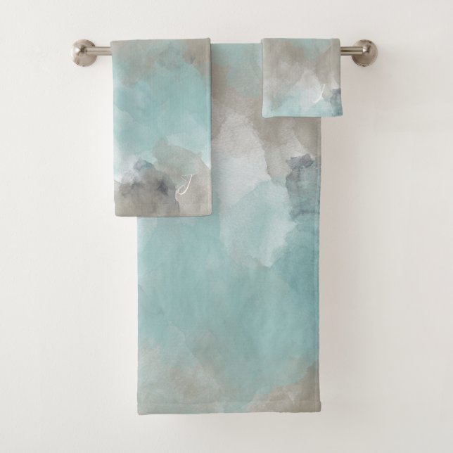 Watercolor Coastal Beach Colors Monogrammed Bath Towel Set (Insitu)