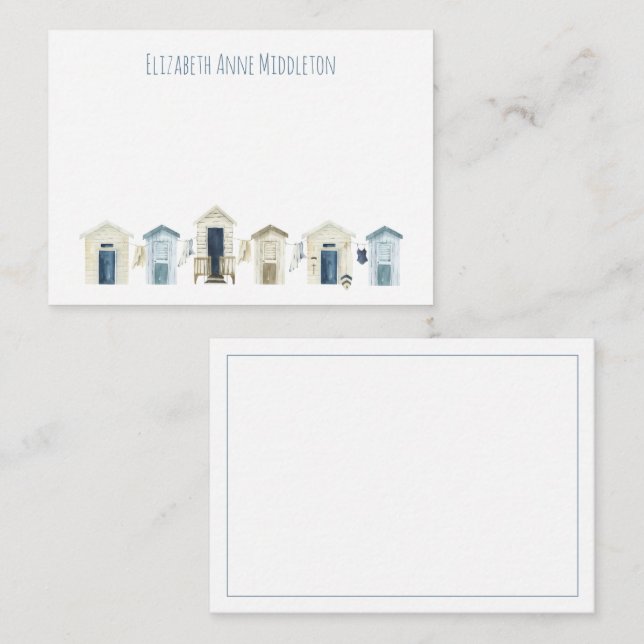 Watercolor Coastal Beach Huts Personalized Note Card (Front/Back)