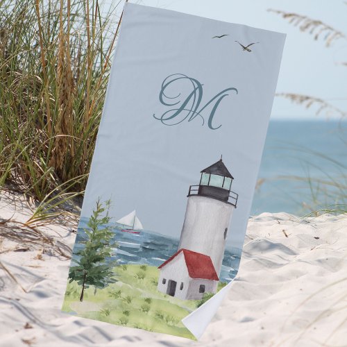 Watercolor Coastal Beach Sand Lighthouse Monogram  Beach Towel