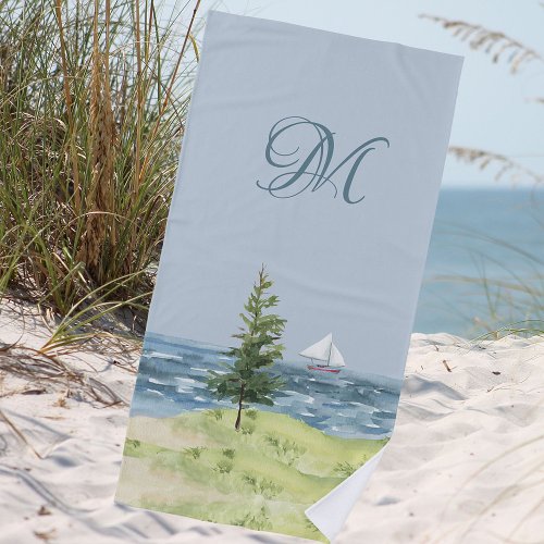Watercolor Coastal Beach Sand Sailboat Monogram Beach Towel