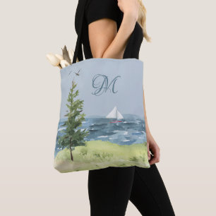 Watercolor Coastal Beach Sand Sailboat Monogram Tote Bag
