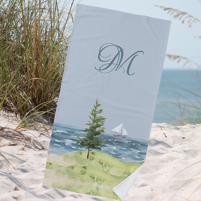 Watercolor Coastal Beach Sand Sailboat Monogram Towel (Creator Uploaded)
