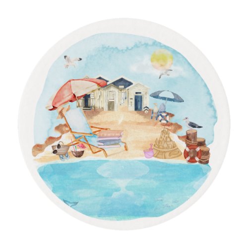 Watercolor Coastal Beach Scene Edible Frosting Rounds