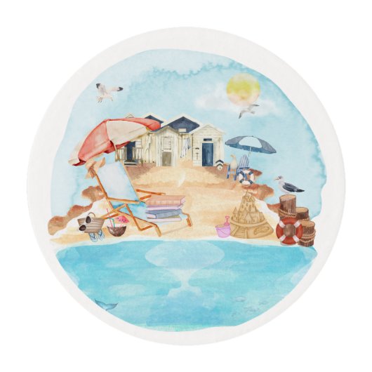 Watercolor Coastal Beach Scene Edible Frosting Rounds (Front)