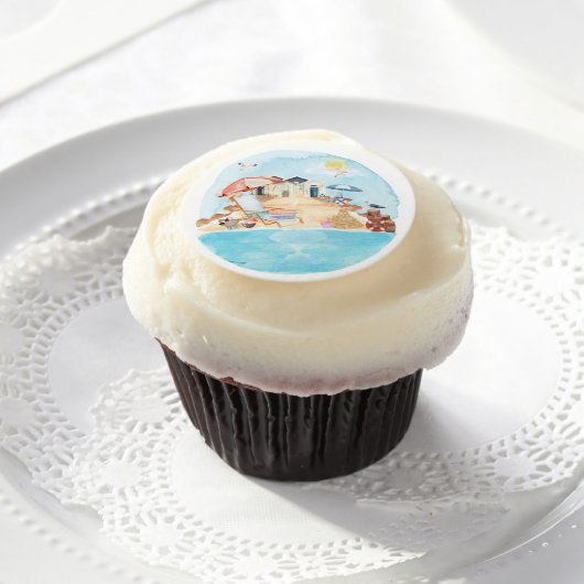 Watercolor Coastal Beach Scene Edible Frosting Rounds (Cupcake)