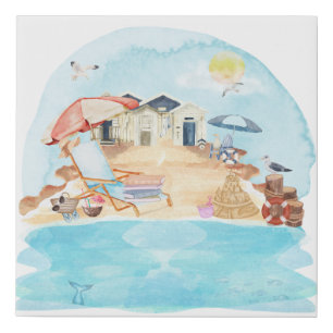 Watercolor Coastal Beach Scene Faux Canvas Print