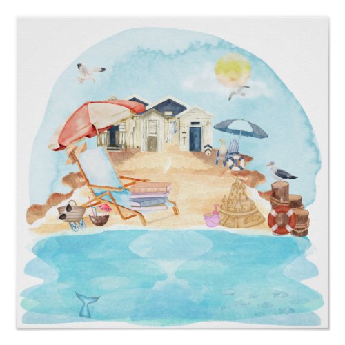 Watercolor Coastal Beach Scene  Poster