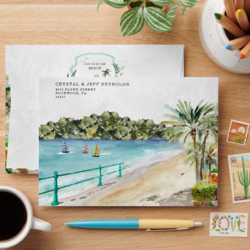 Watercolor Coastal Beach  Wedding Envelope
