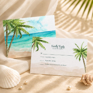 Watercolor Coastal Beach with Palm Trees Wedding RSVP Card