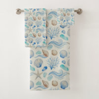 Watercolor Coastal Blue Beach Towel Set