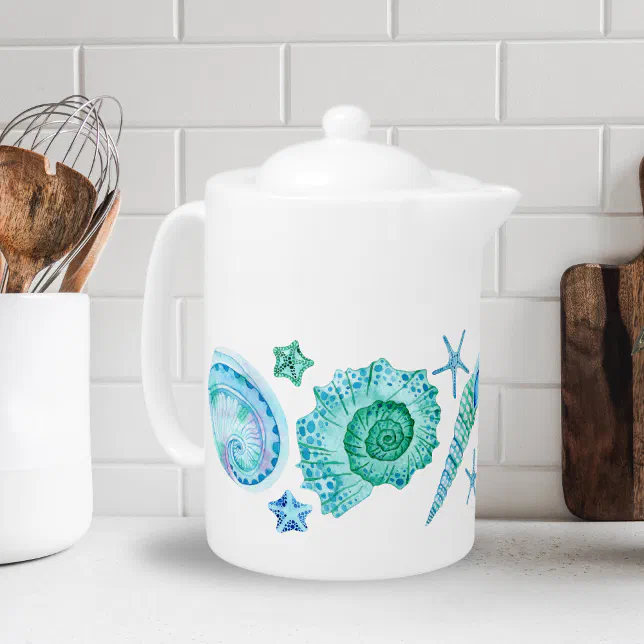 Watercolor Coastal Blue Sea Shells and Starfish Teapot Zazzle