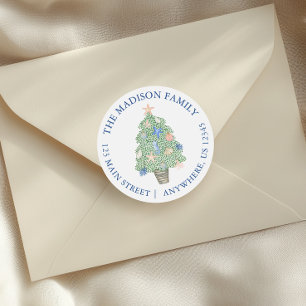Watercolor Coastal Christmas Tree Return Address Classic Round Sticker