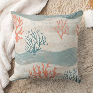 Watercolor Coastal Coral & Seashell Waves (10) Throw Pillow