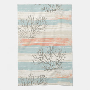 Watercolor Coastal Coral & Seashell Waves (2) Kitchen Towel