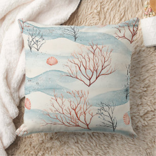 Watercolor Coastal Coral & Seashell Waves (4) Throw Pillow
