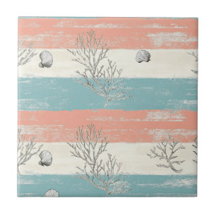 Watercolor Coastal Coral & Seashell Waves (5) Ceramic Tile