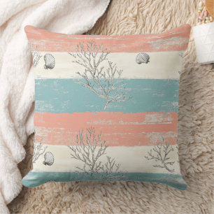 Watercolor Coastal Coral & Seashell Waves (5) Throw Pillow