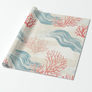 Watercolor Coastal Coral & Seashell Waves (6) Wrapping Paper