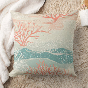 Watercolor Coastal Coral & Seashell Waves (8) Throw Pillow