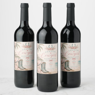 Watercolor, coastal cowgirl bachelorette party wine label