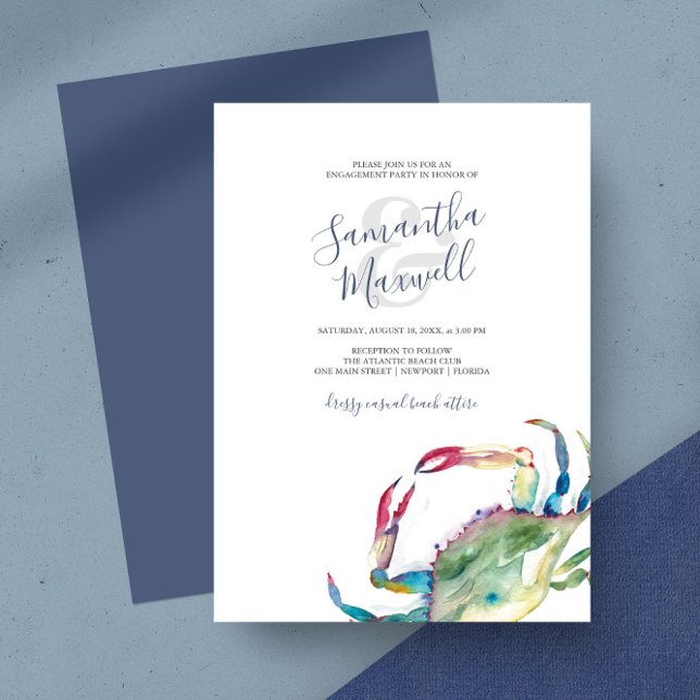 Watercolor Coastal Crab Engagement Party (Engagement party invitations watercolor crab art by Victoria Grigaliunas)