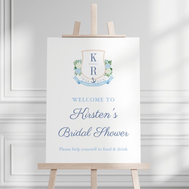 Watercolor Coastal Monogram Bridal Welcome Sign (Watercolor nautical crest bridal or wedding shower welcome sign)