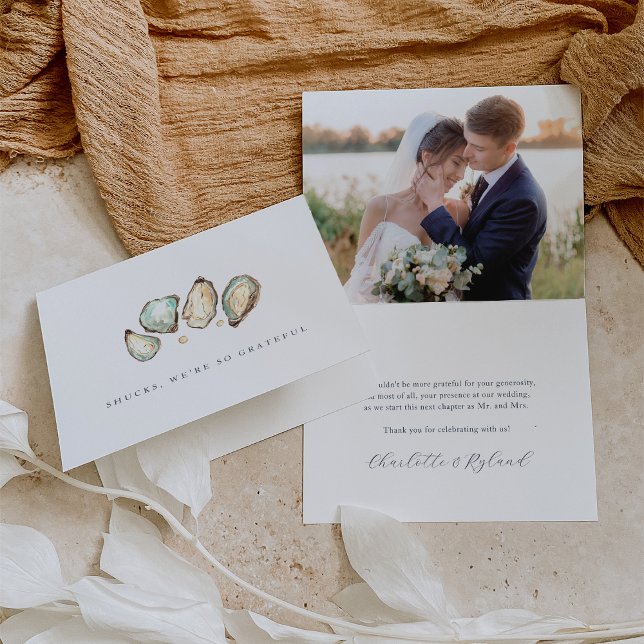 Watercolor Coastal Oyster Wedding Thank You Card (Coastal oyster wedding thank you cards)