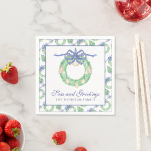 Watercolor Coastal Oyster Wreath Personalized Napkins