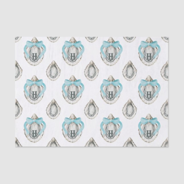 Watercolor Coastal Oysters Blue Bow Monogram Tissue Paper (Front)
