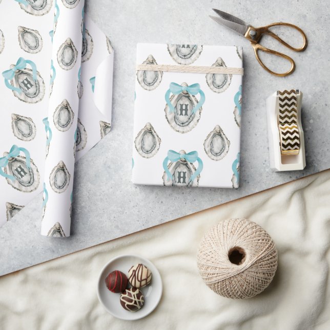 Watercolor Coastal Oysters Blue Bow Monogram Wrapping Paper (Crafts)