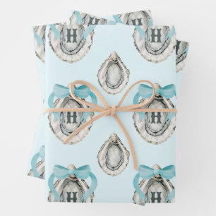 Watercolor Coastal Oysters Blue Bow Monogram Wrapping Paper Sheets
