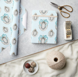 Watercolor Coastal Oysters Blue Bow Wrapping Paper