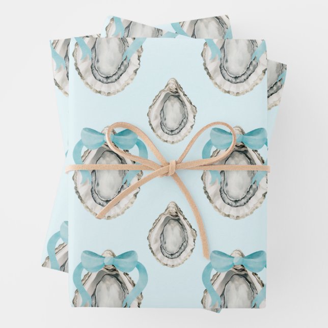 Watercolor Coastal Oysters Blue Bow Wrapping Paper Sheets (In situ)