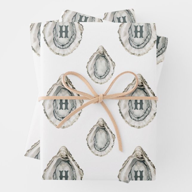 Watercolor Coastal Oysters Monogram Wrapping Paper Sheets (In situ)