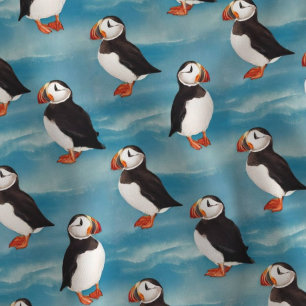 Watercolor Coastal Puffin on Blue Ocean Waves Fabric