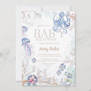 Watercolor Coastal Sea Life Baby Shower Invitation