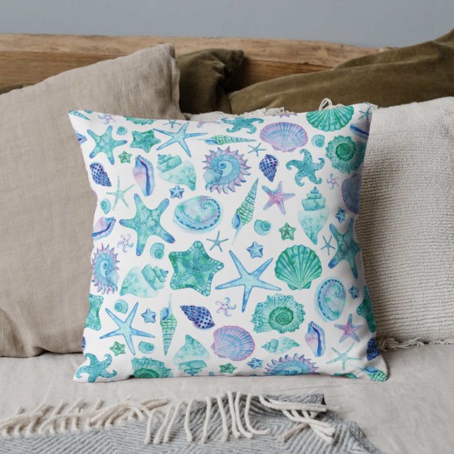 Watercolor Coastal Sea Shells and Starfish Throw Pillow (Watercolor Coastal Sea Shells and Starfish Throw Pillow)