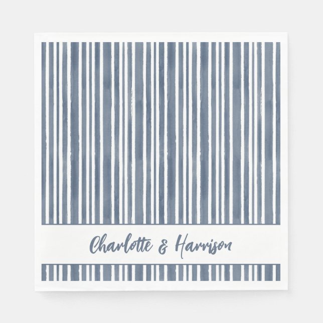 Watercolor Coastal Seascape Blue Striped Wedding  Napkins (Front)