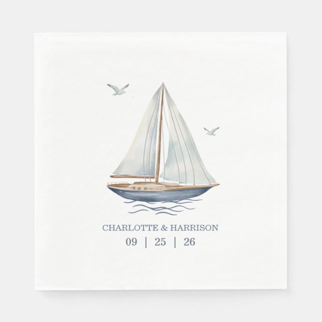 Watercolor Coastal Seascape Wedding Napkins (Front)