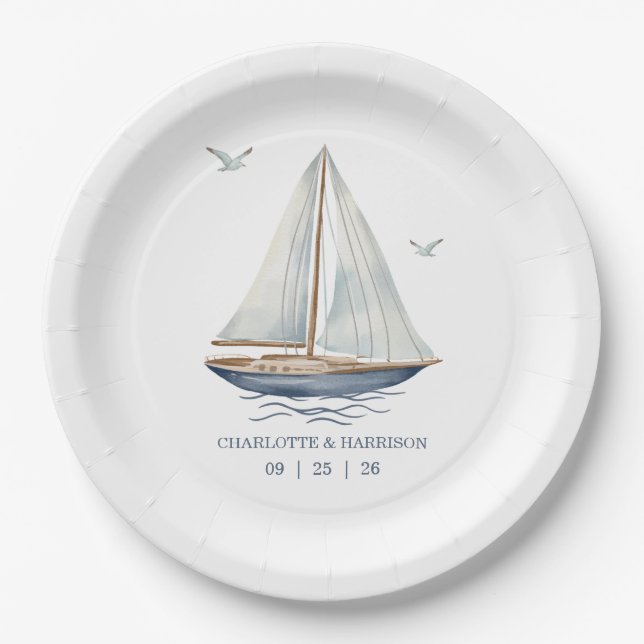 Watercolor Coastal Seascape Wedding Paper Plates (Front)