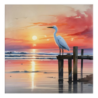 Watercolor Coastal Sunrise With Egret Acrylic Print