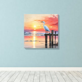 Watercolor Coastal Sunrise With Egret Canvas Print