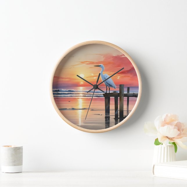 Watercolor Coastal Sunrise With Egret Clock (Home)