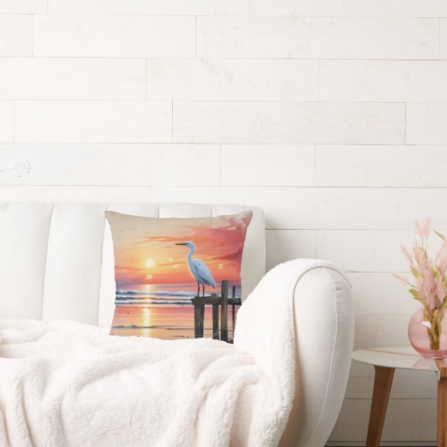 Watercolor Coastal Sunrise With Egret Throw Pillow (Couch)