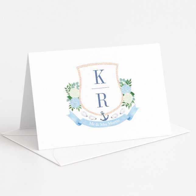 Watercolor Coastal Theme Crest Wedding Photo Thank You Card (Stylish coastal inspired watercolor couples monogram crest wedding thank you cards)